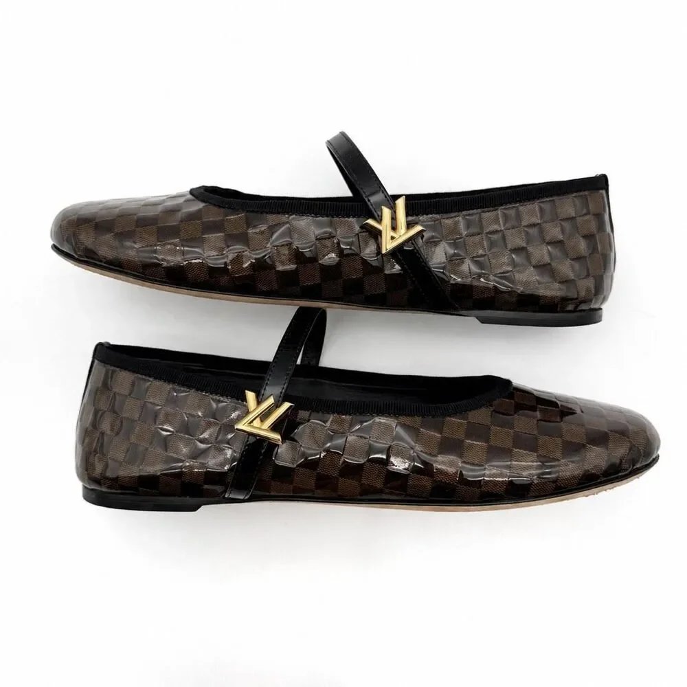 LOUIS VUITTON Romy Maryjane Ballet Flat Size 38 Damier Black Brown Leather